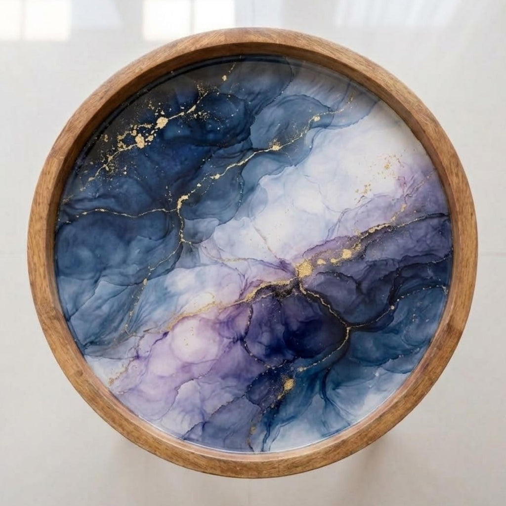 Handmade Mango Wood Side Table | Blue Marble Print Round Accent Table