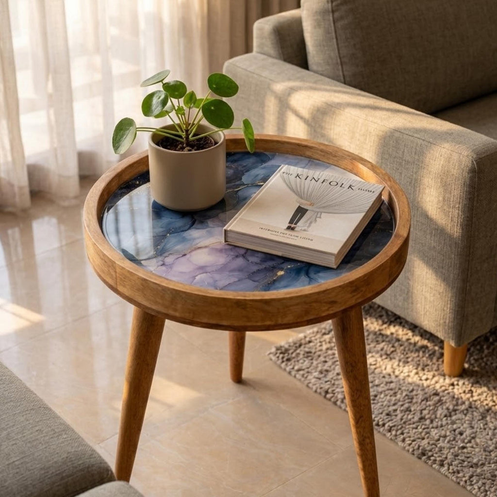 Handmade Mango Wood Side Table | Blue Marble Print Round Accent Table