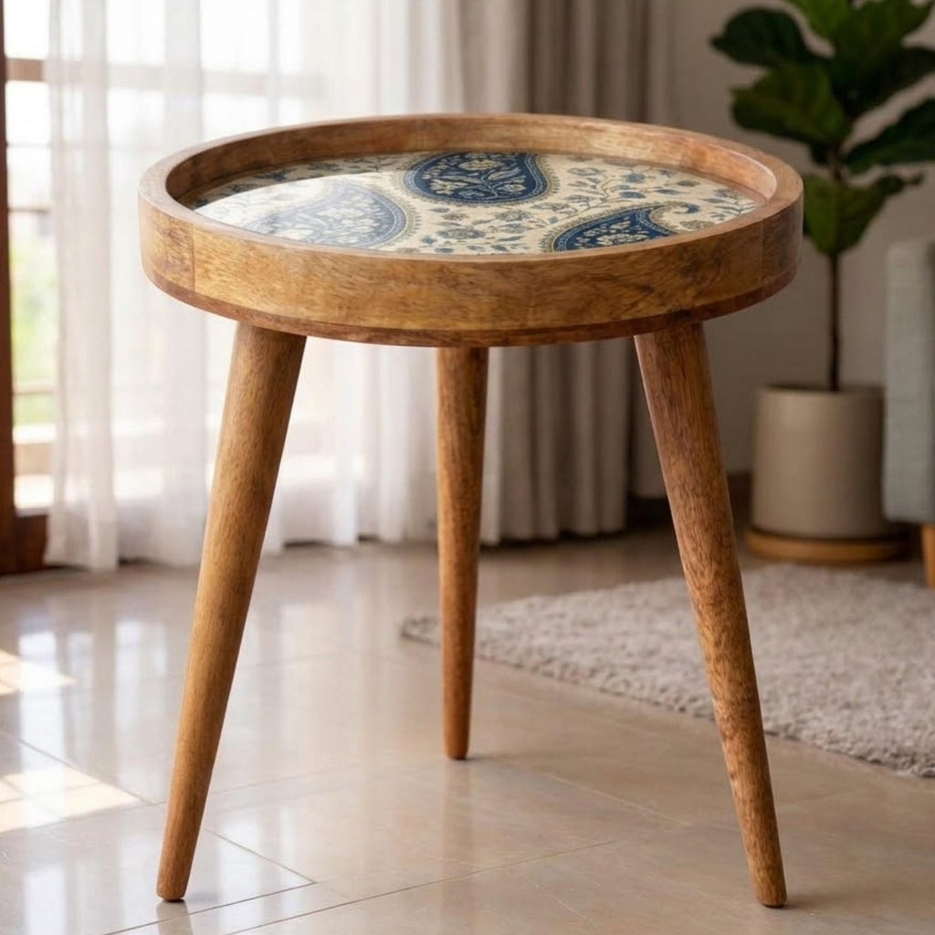 Handmade Mango Wood Side Table | Blue Paisley Print Round Accent Boho Decor
