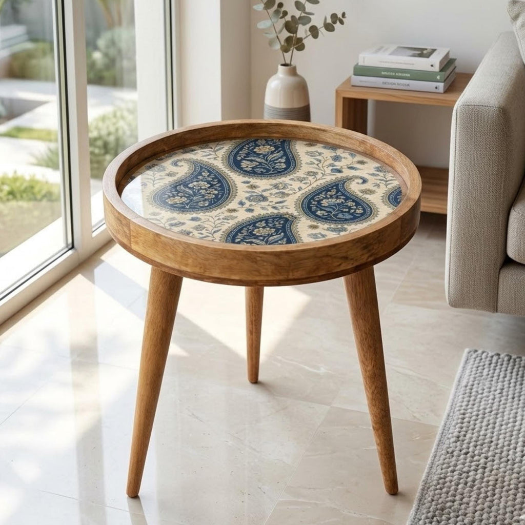 Handmade Mango Wood Side Table | Blue Paisley Print Round Accent Boho Decor