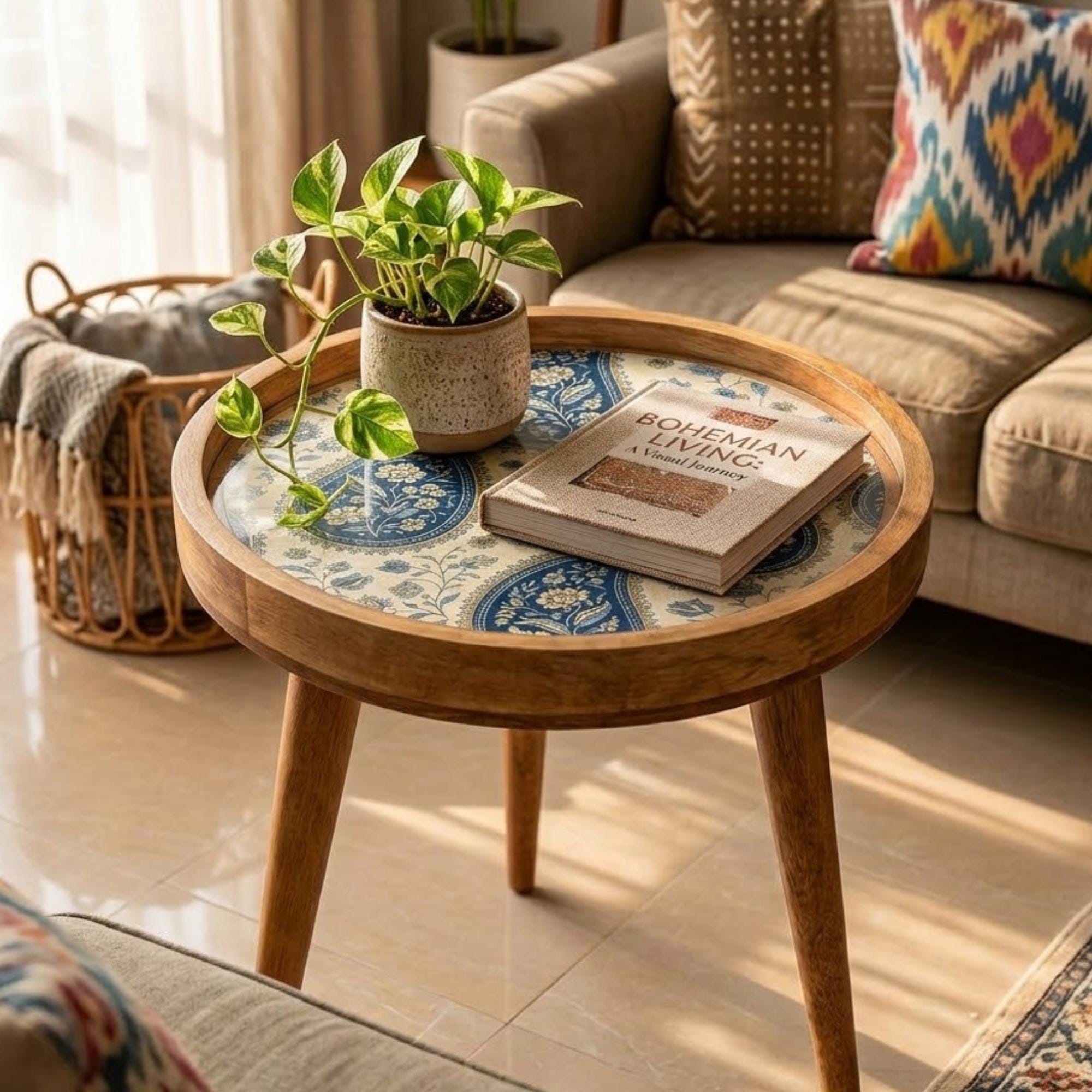 Handmade Mango Wood Side Table | Blue Paisley Print Round Accent Boho Decor