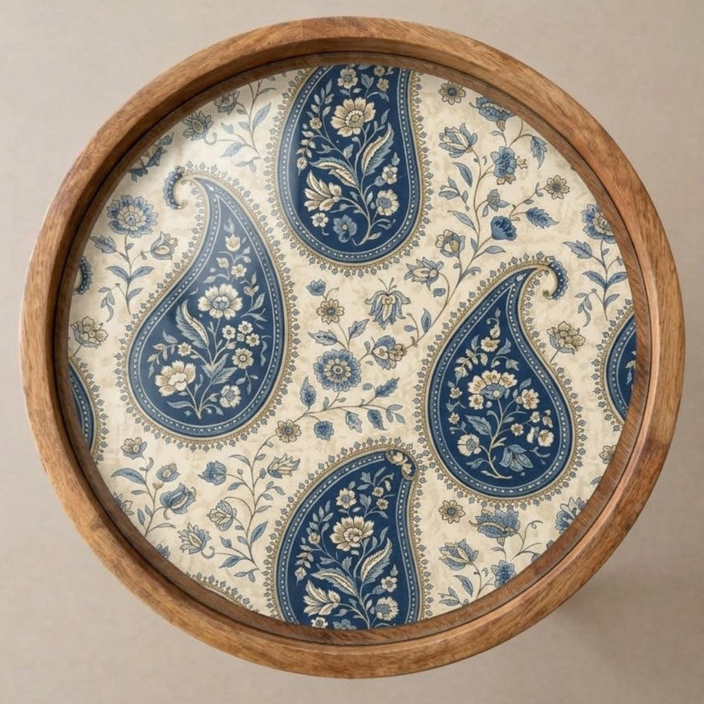 Handmade Mango Wood Side Table | Blue Paisley Print Round Accent Boho Decor