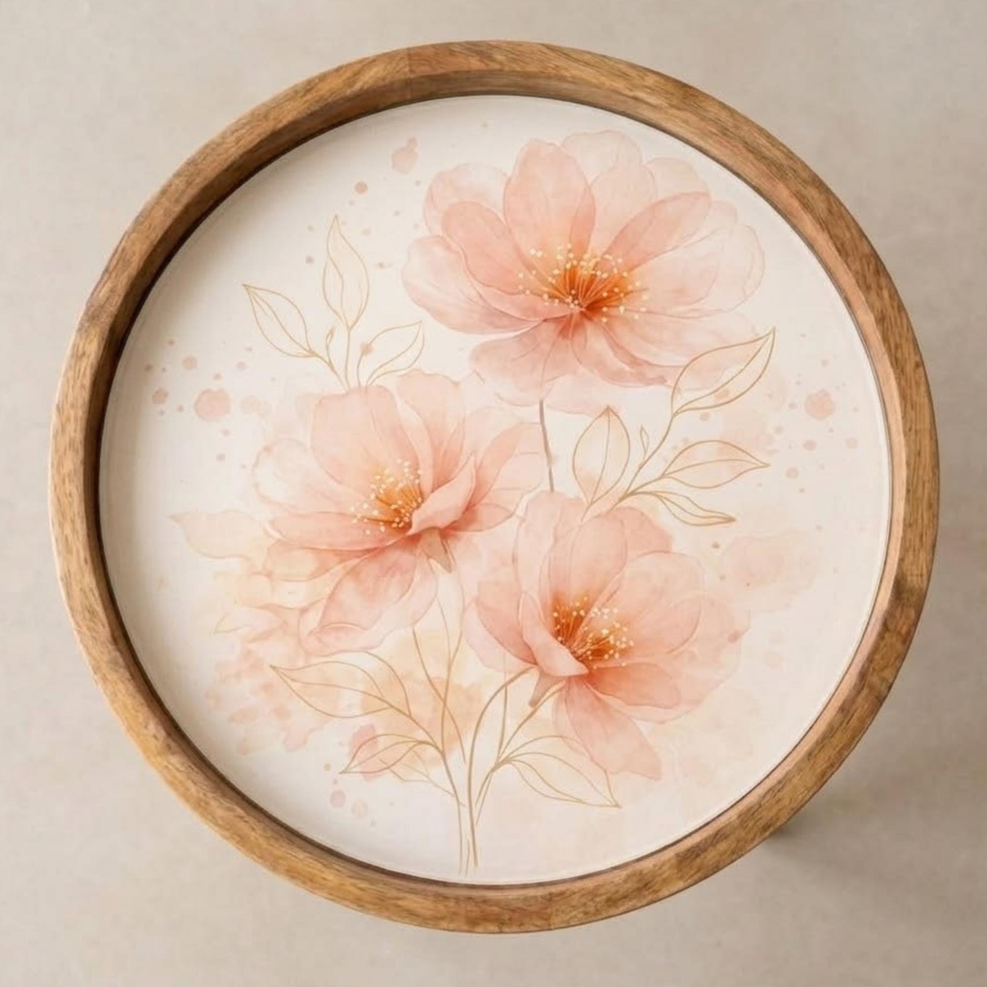 Handmade Mango Wood Side Table | Peach Floral Print Accent Table