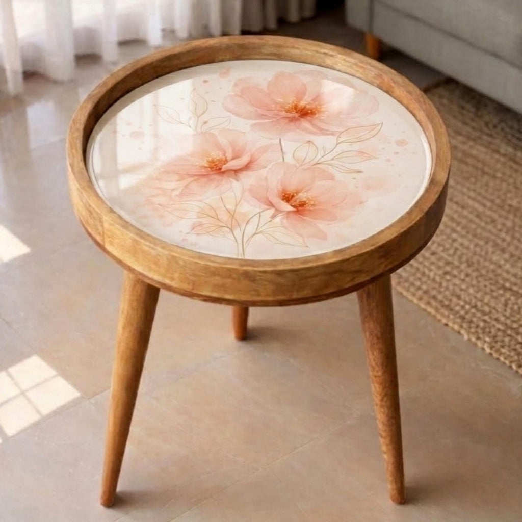 Handmade Mango Wood Side Table | Peach Floral Print Accent Table