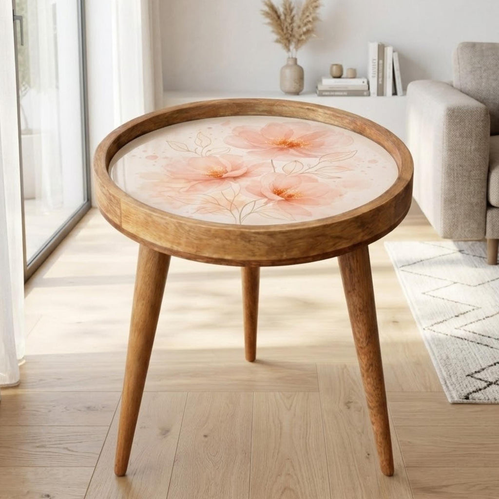 Handmade Mango Wood Side Table | Peach Floral Print Accent Table