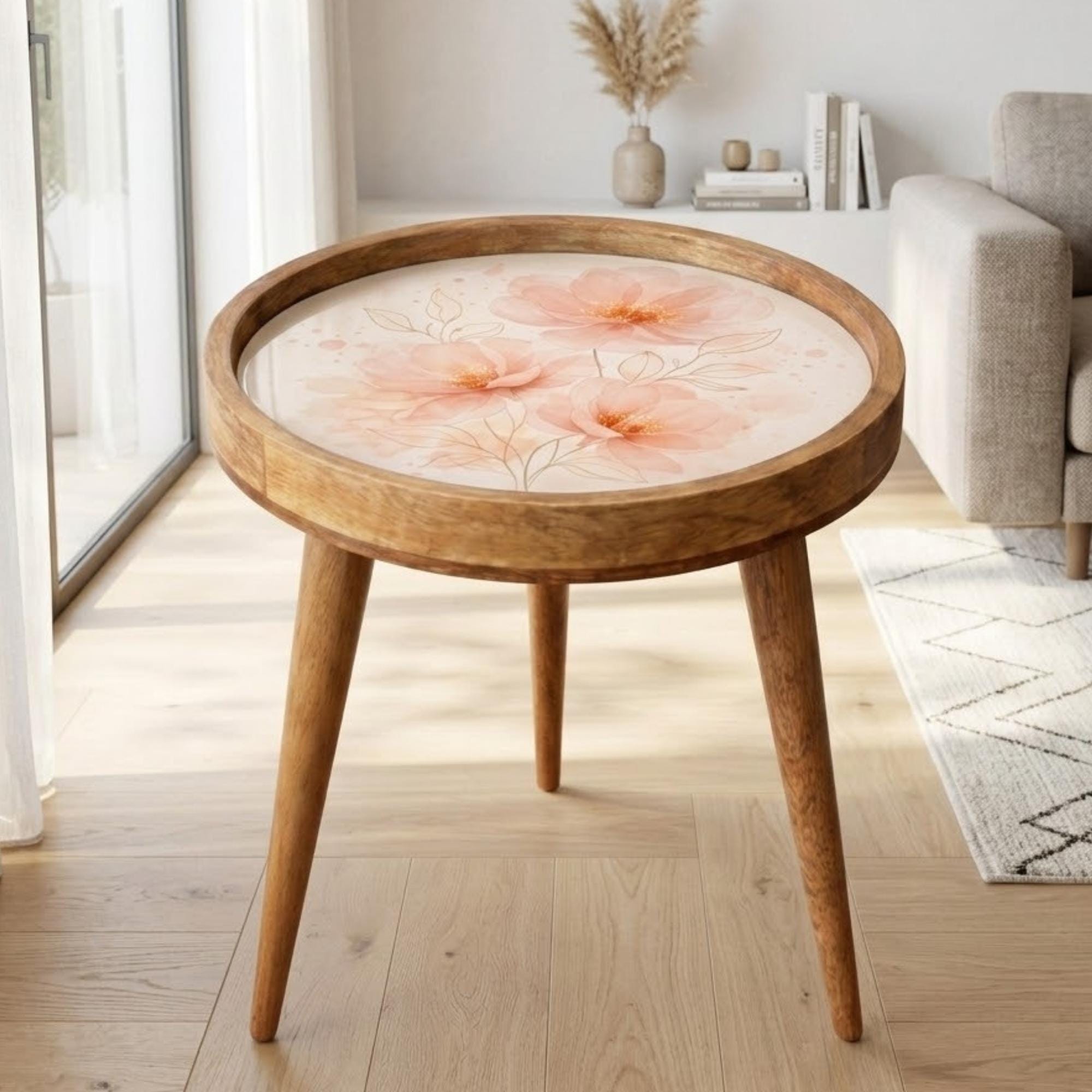 Handmade Mango Wood Side Table | Peach Floral Print Accent Table