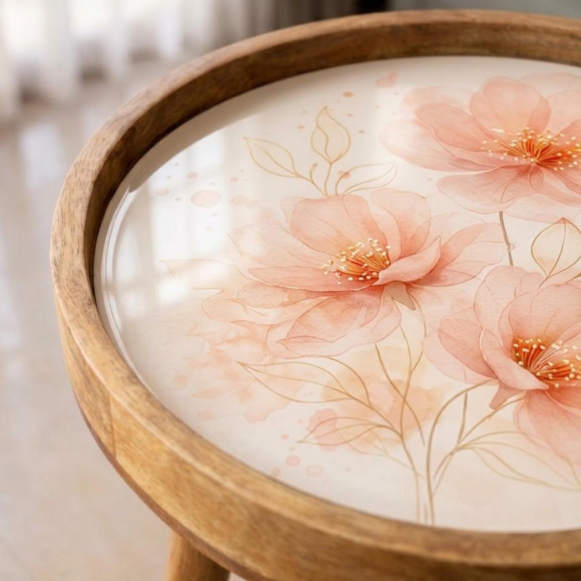 Handmade Mango Wood Side Table | Peach Floral Print Accent Table
