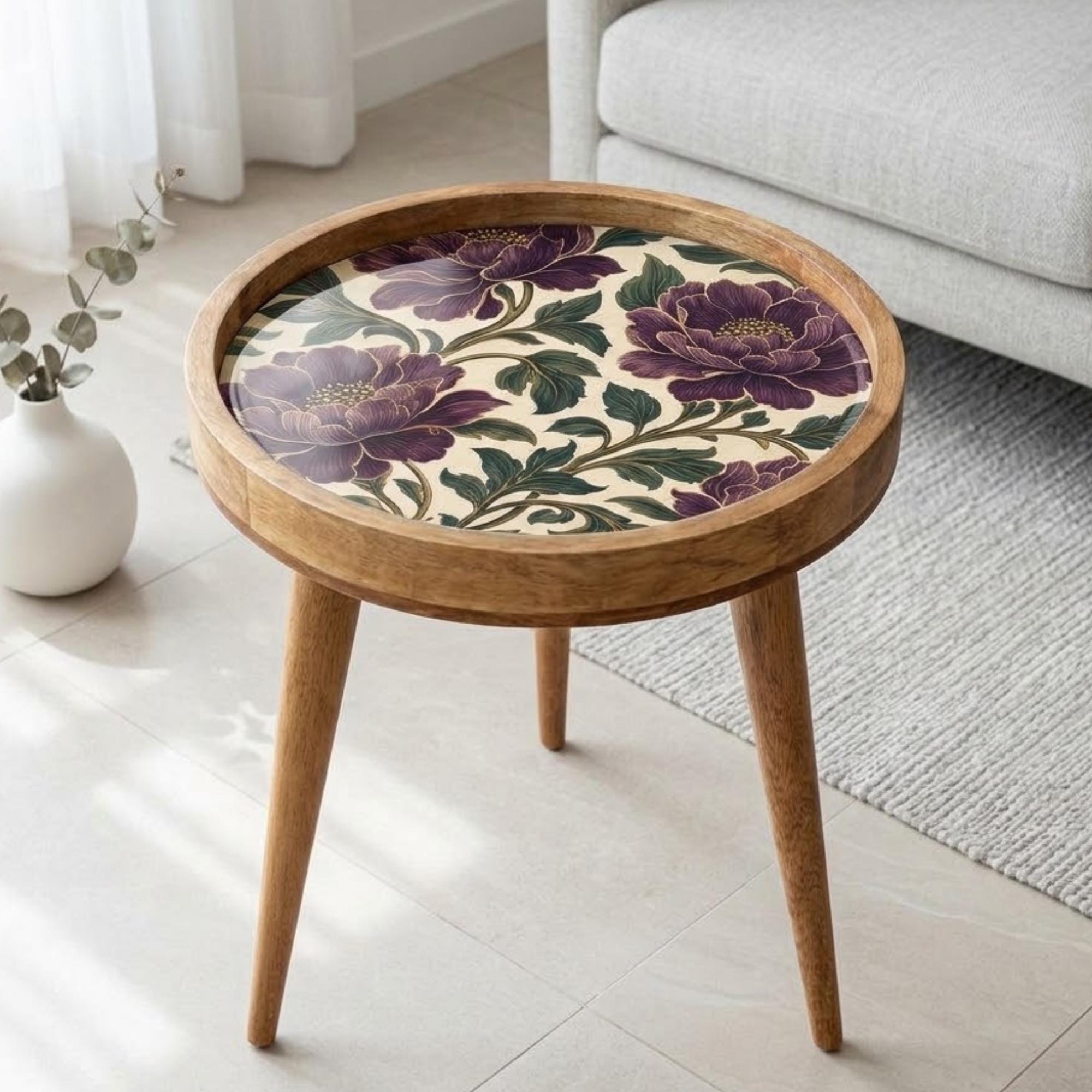 Handmade Mango Wood Side Table | Purple Floral Print Accent Table