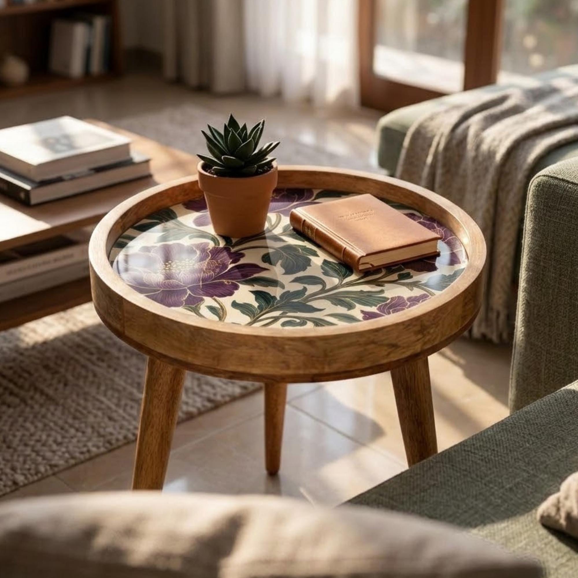 Handmade Mango Wood Side Table | Purple Floral Print Accent Table