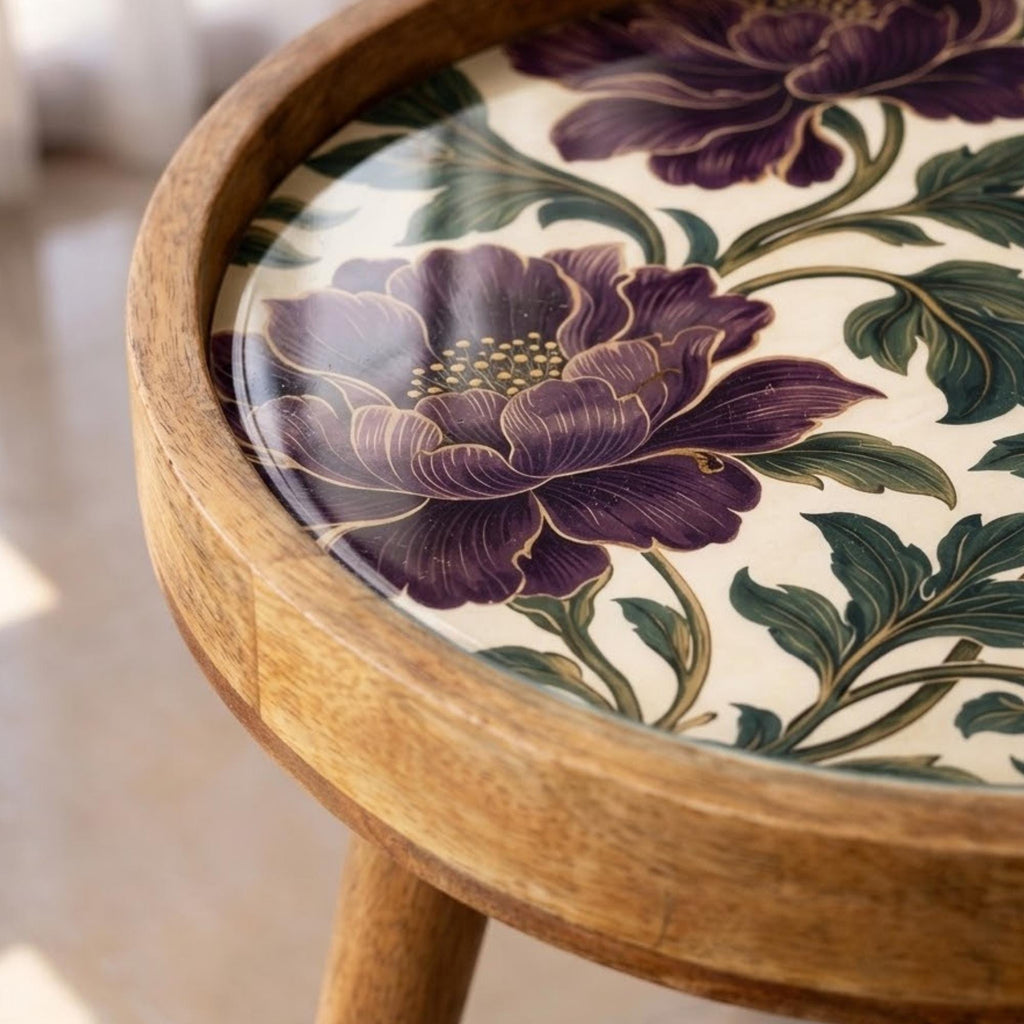 Handmade Mango Wood Side Table | Purple Floral Print Accent Table