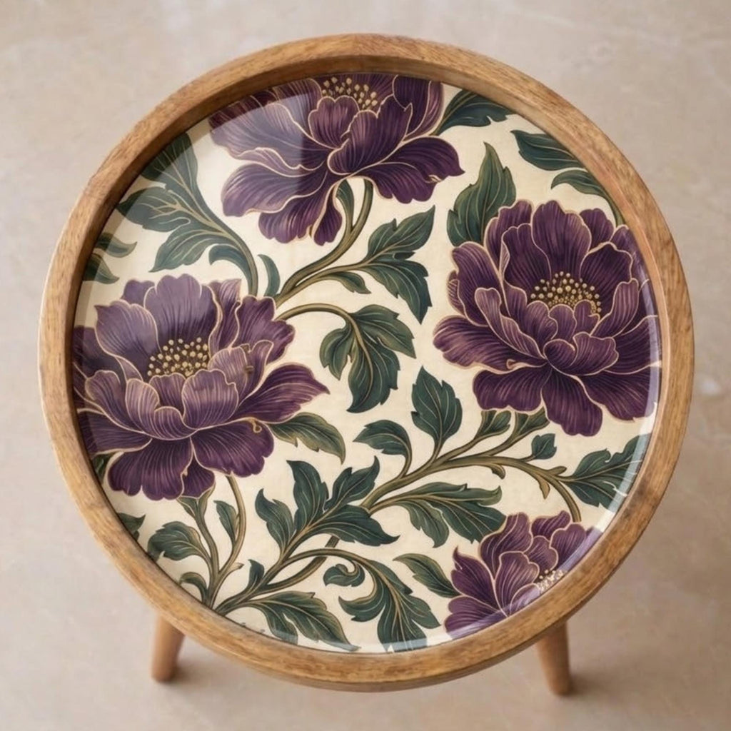 Handmade Mango Wood Side Table | Purple Floral Print Accent Table