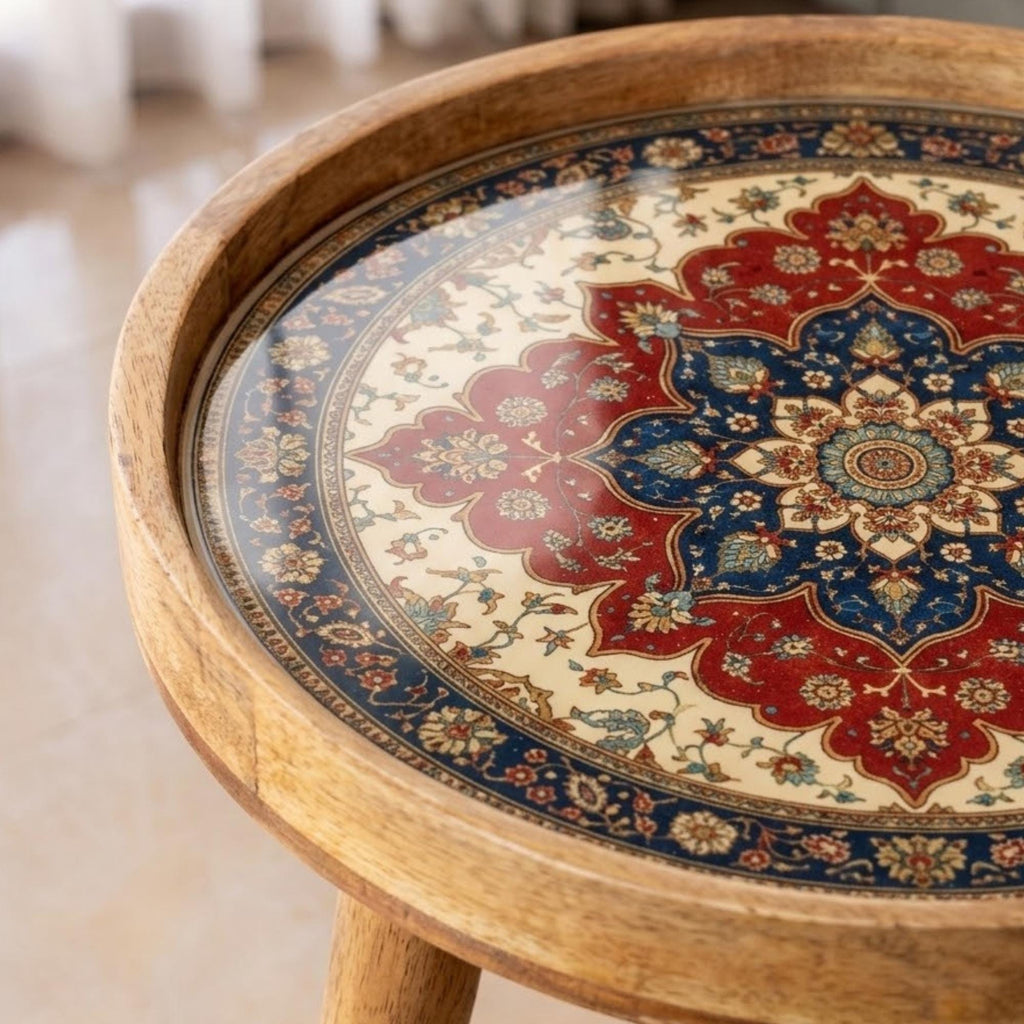 Handmade Mango Wood Side Table | Persian Mandala Print Accent Round Boho Decor