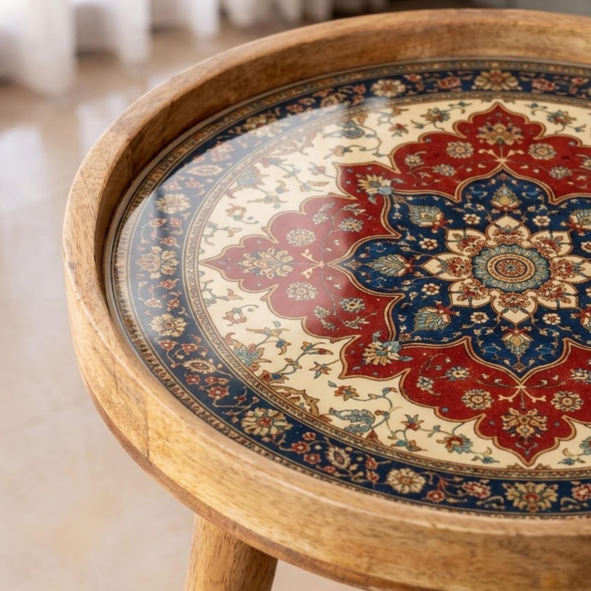 Handmade Mango Wood Side Table | Persian Mandala Print Accent Round Boho Decor