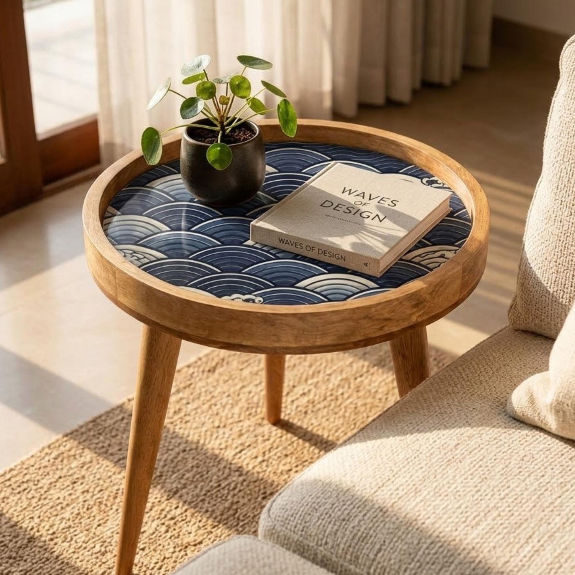 Handmade Mango Wood Side Table | Japanese Wave Print Accent Table