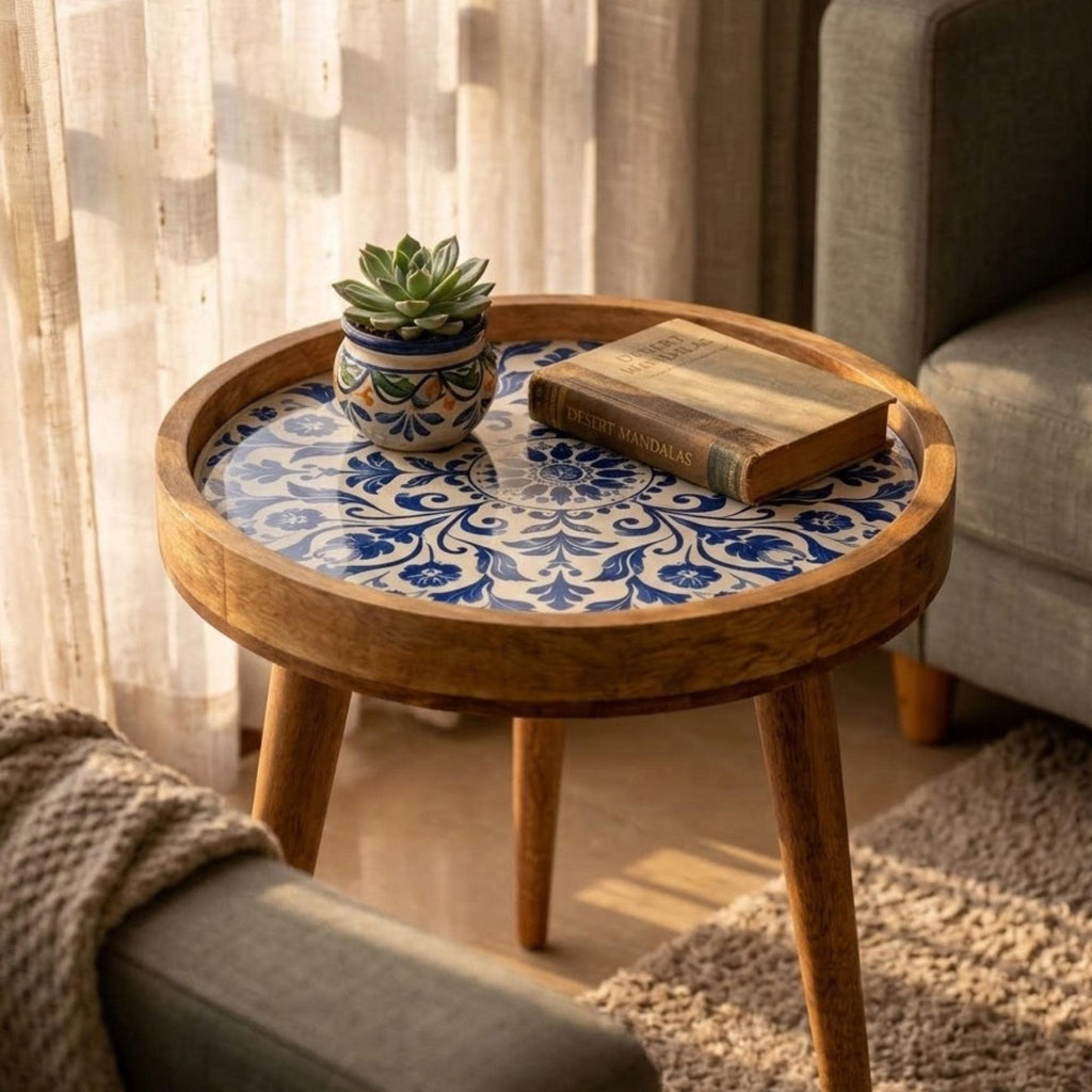 Handmade Mango Wood Side Table | Blue Tile Printed Round Accent Table