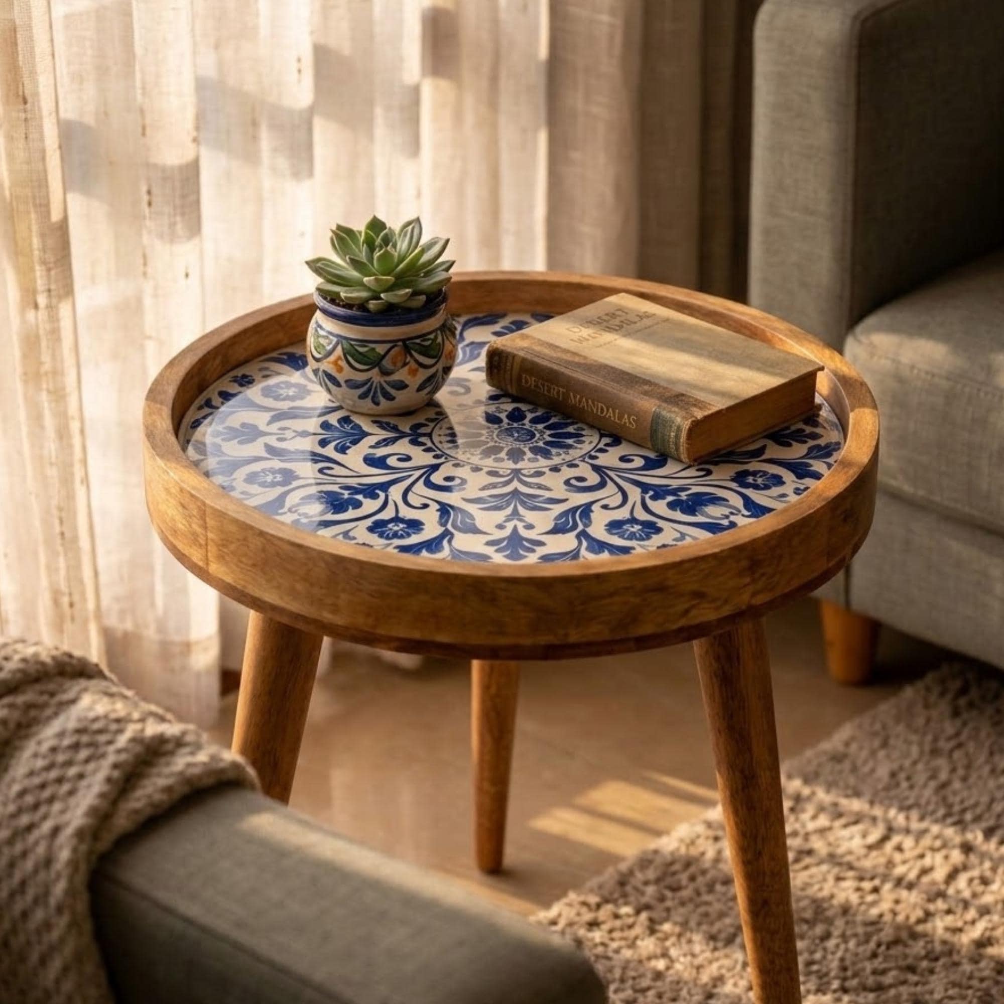 Handmade Mango Wood Side Table | Blue Tile Printed Round Accent Table