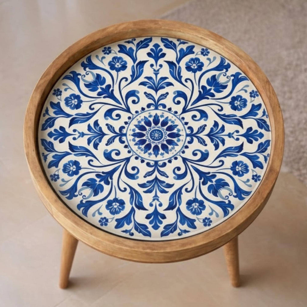 Handmade Mango Wood Side Table | Blue Tile Printed Round Accent Table