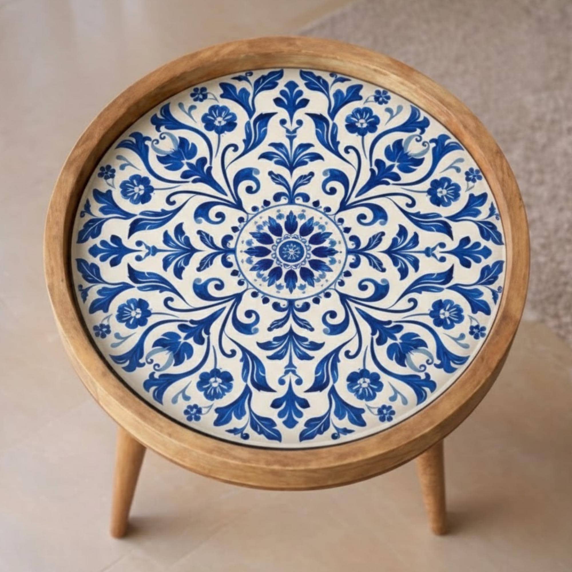 Handmade Mango Wood Side Table | Blue Tile Printed Round Accent Table