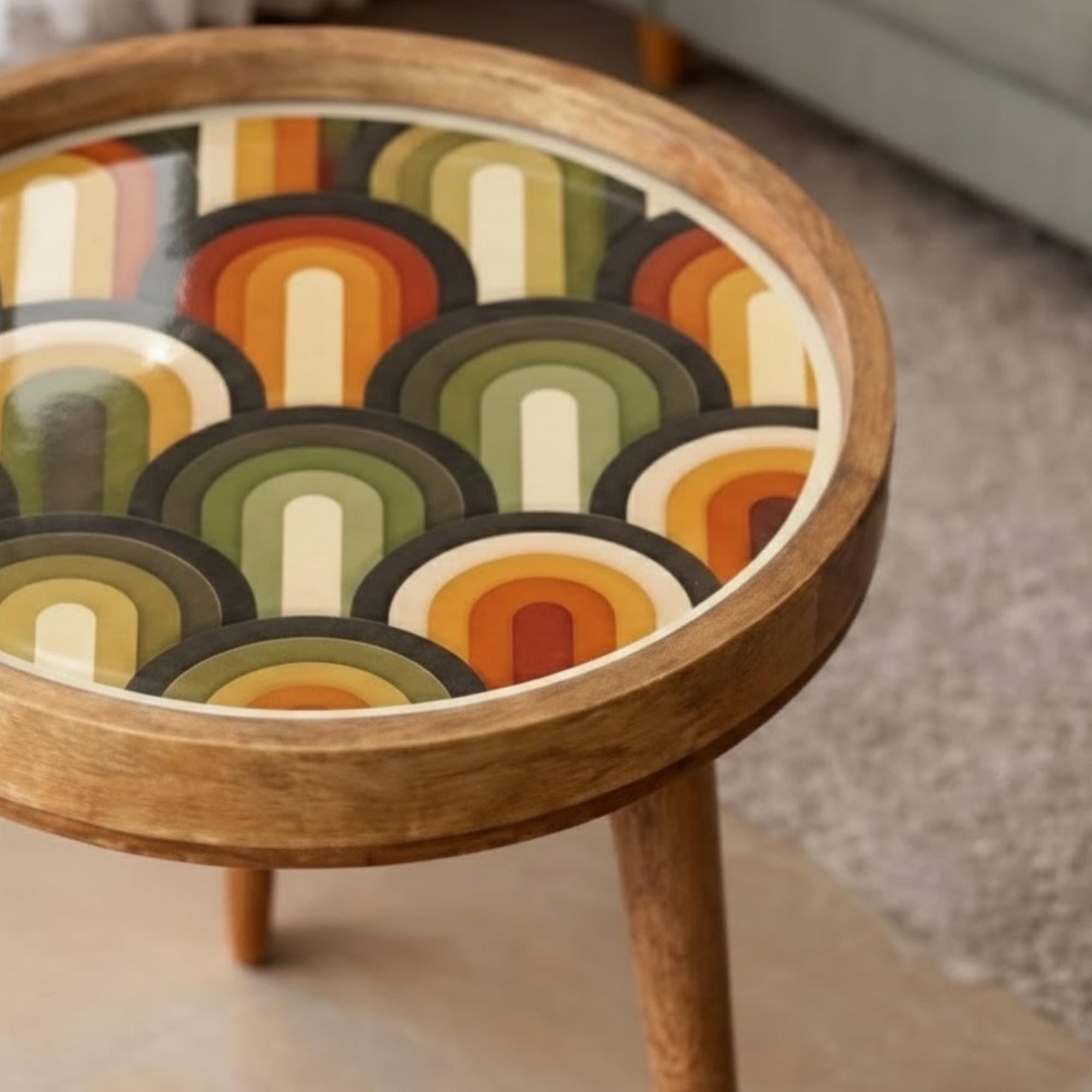 Handmade Mango Wood Side Table | Retro Geometric Print, Mid-Century Accent