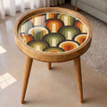 Handmade Mango Wood Side Table | Retro Geometric Print, Mid-Century Accent