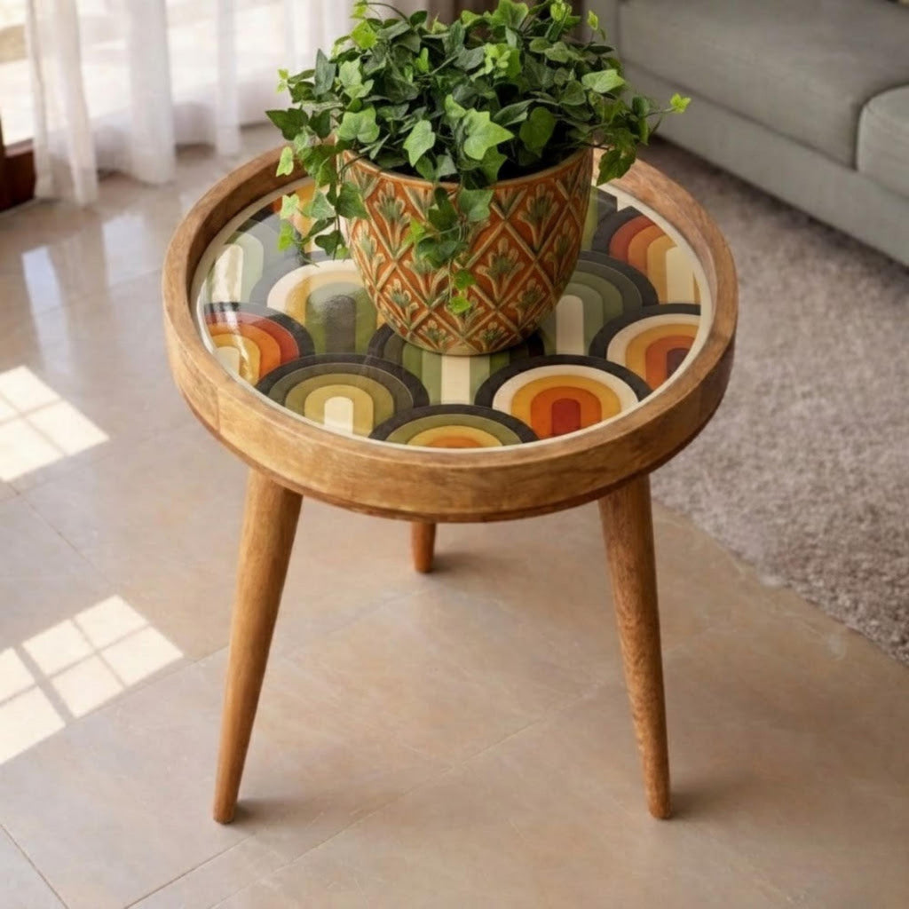 Handmade Mango Wood Side Table | Retro Geometric Print, Mid-Century Accent