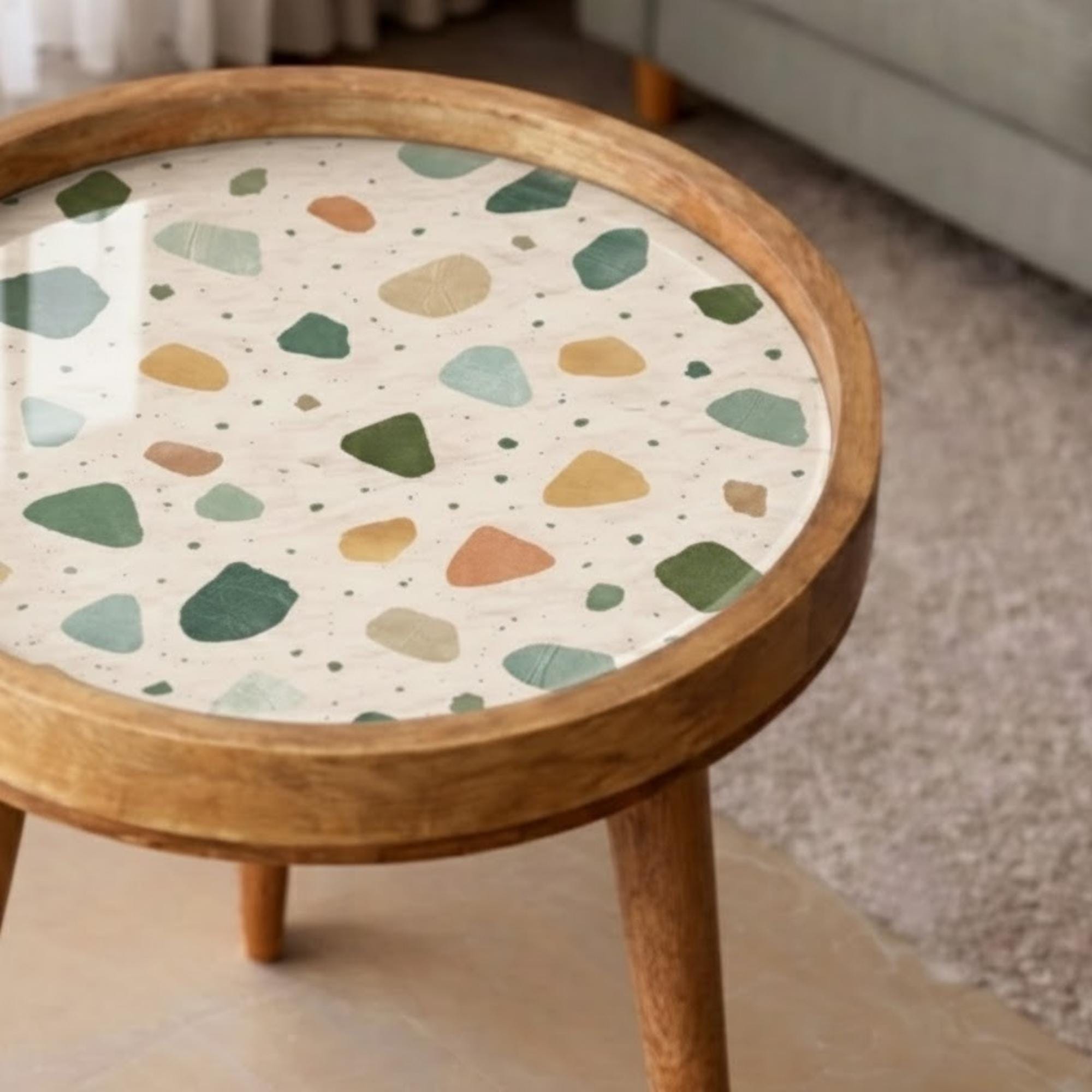 Handmade Mango Wood Side Table | Terrazzo Print Round Accent Table