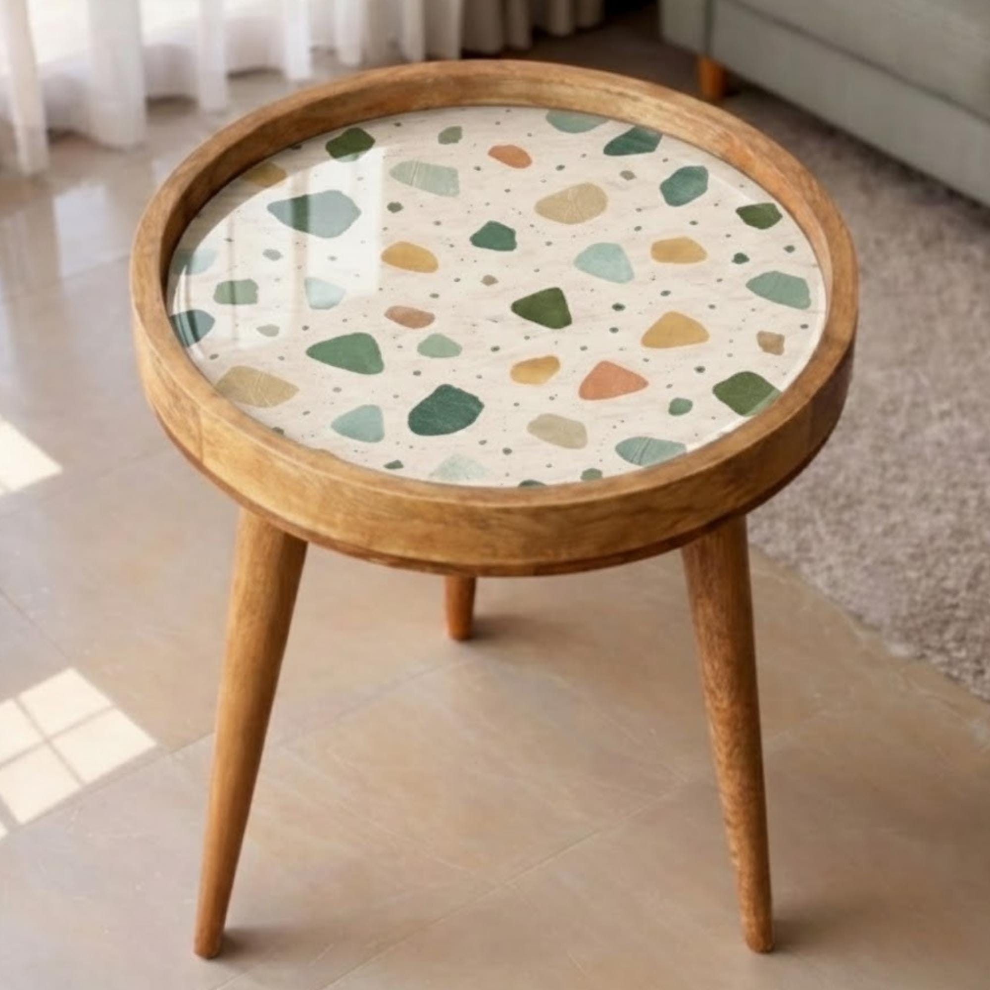 Handmade Mango Wood Side Table | Terrazzo Print Round Accent Table