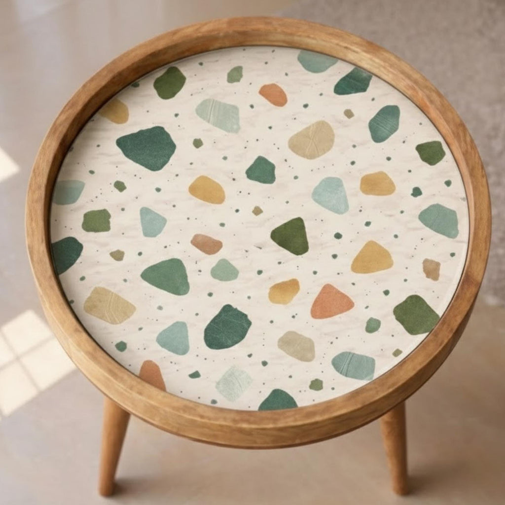 Handmade Mango Wood Side Table | Terrazzo Print Round Accent Table