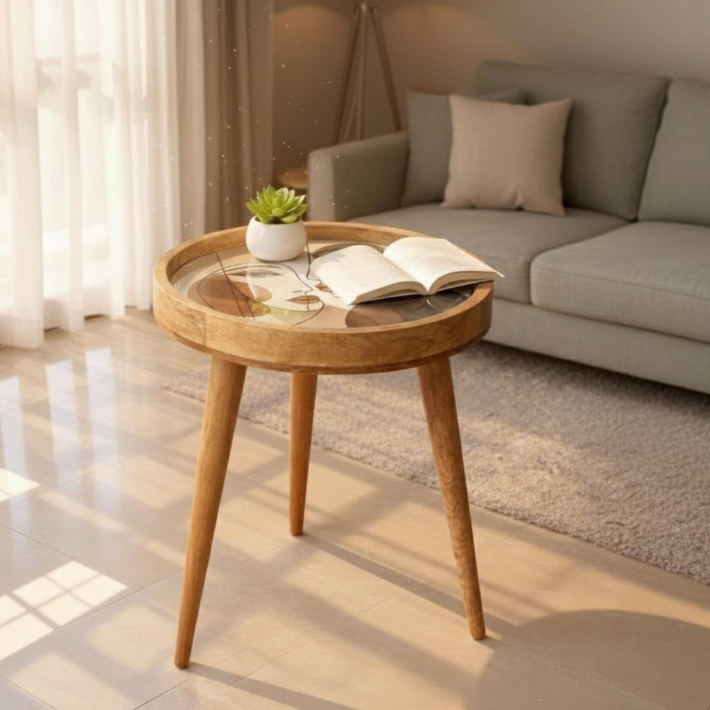 Handmade Mango Wood Side Table | Abstract Face Print Round Accent Table