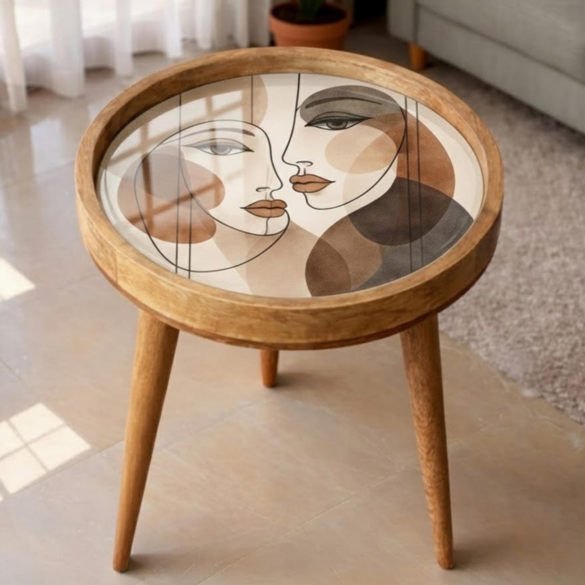 Handmade Mango Wood Side Table | Abstract Face Print Round Accent Table