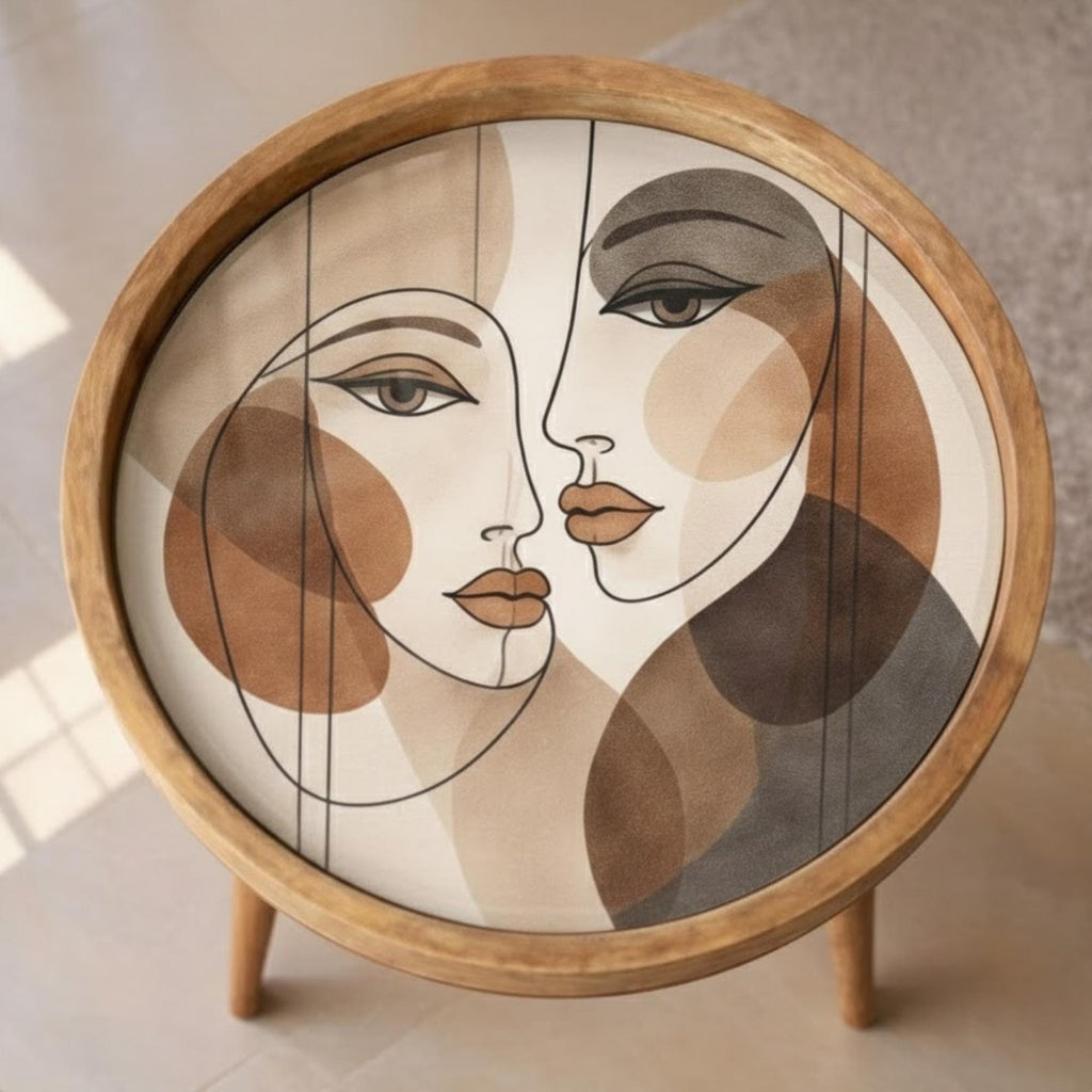 Handmade Mango Wood Side Table | Abstract Face Print Round Accent Table