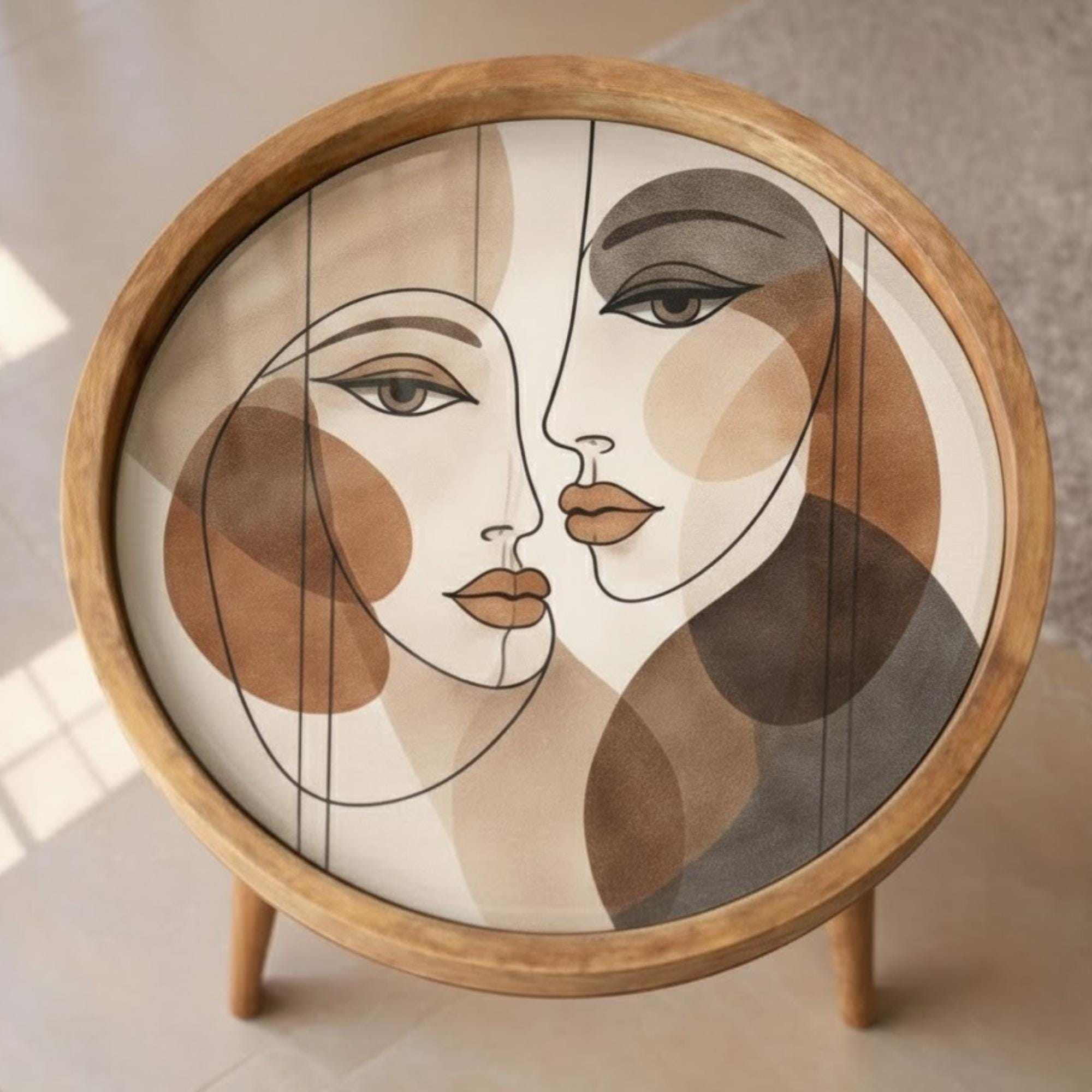 Handmade Mango Wood Side Table | Abstract Face Print Round Accent Table