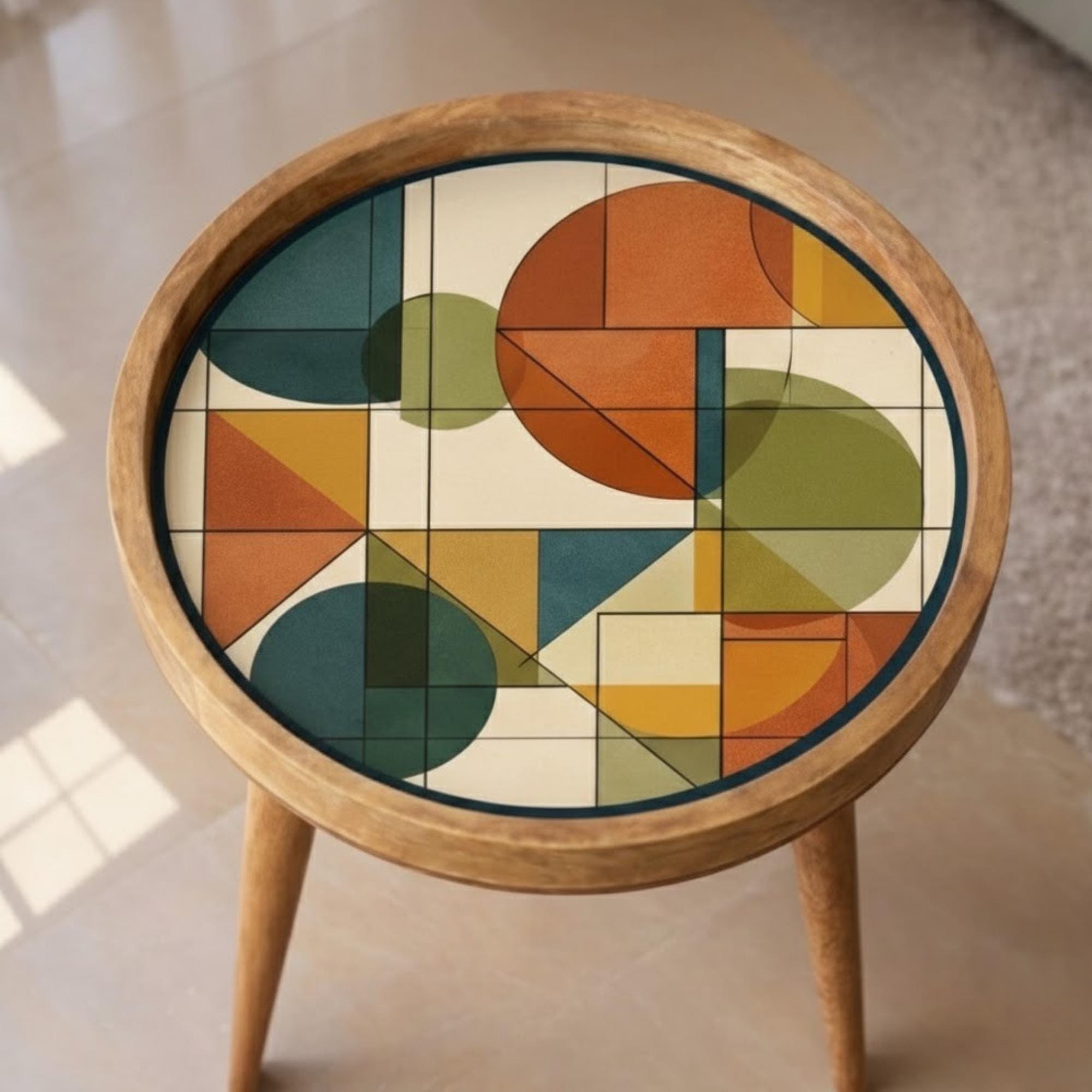 Geometric Mango Wood Side Table | Mid Century Abstract Round Accent Table