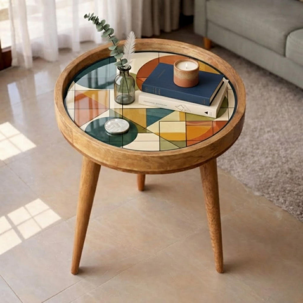 Geometric Mango Wood Side Table | Mid Century Abstract Round Accent Table