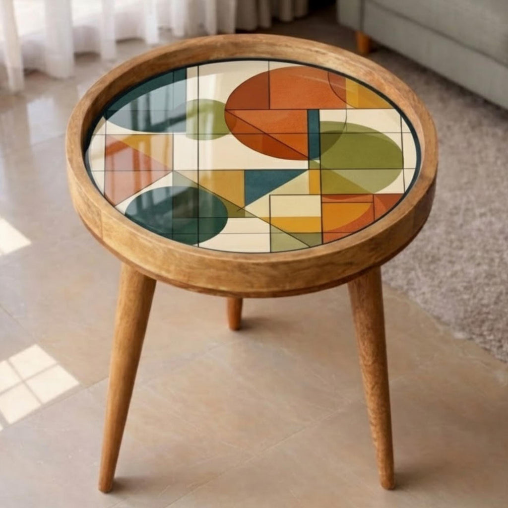 Geometric Mango Wood Side Table | Mid Century Abstract Round Accent Table