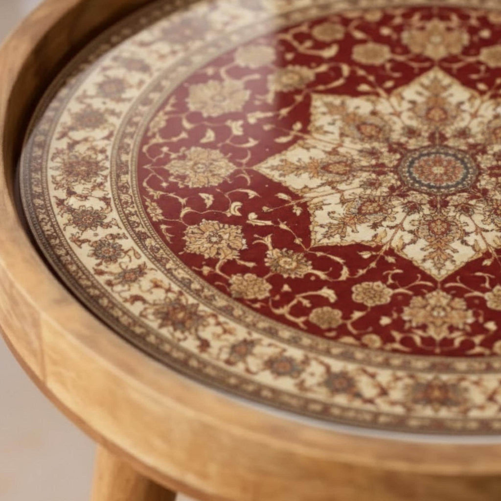 Handmade Mango Wood Side Table | Persian Mandala Print Boho Accent Table
