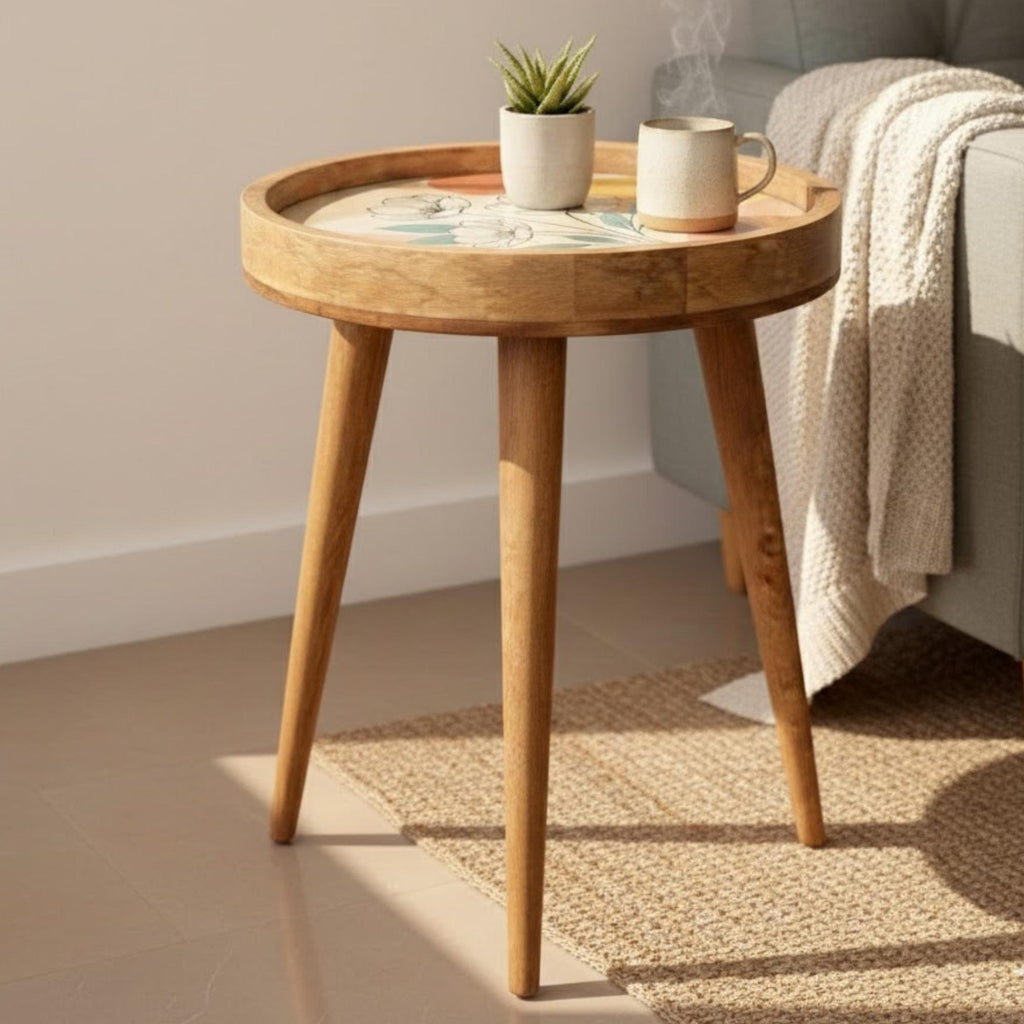 Handmade Mango Wood Side Table | Modern Floral Print Round Accent Table