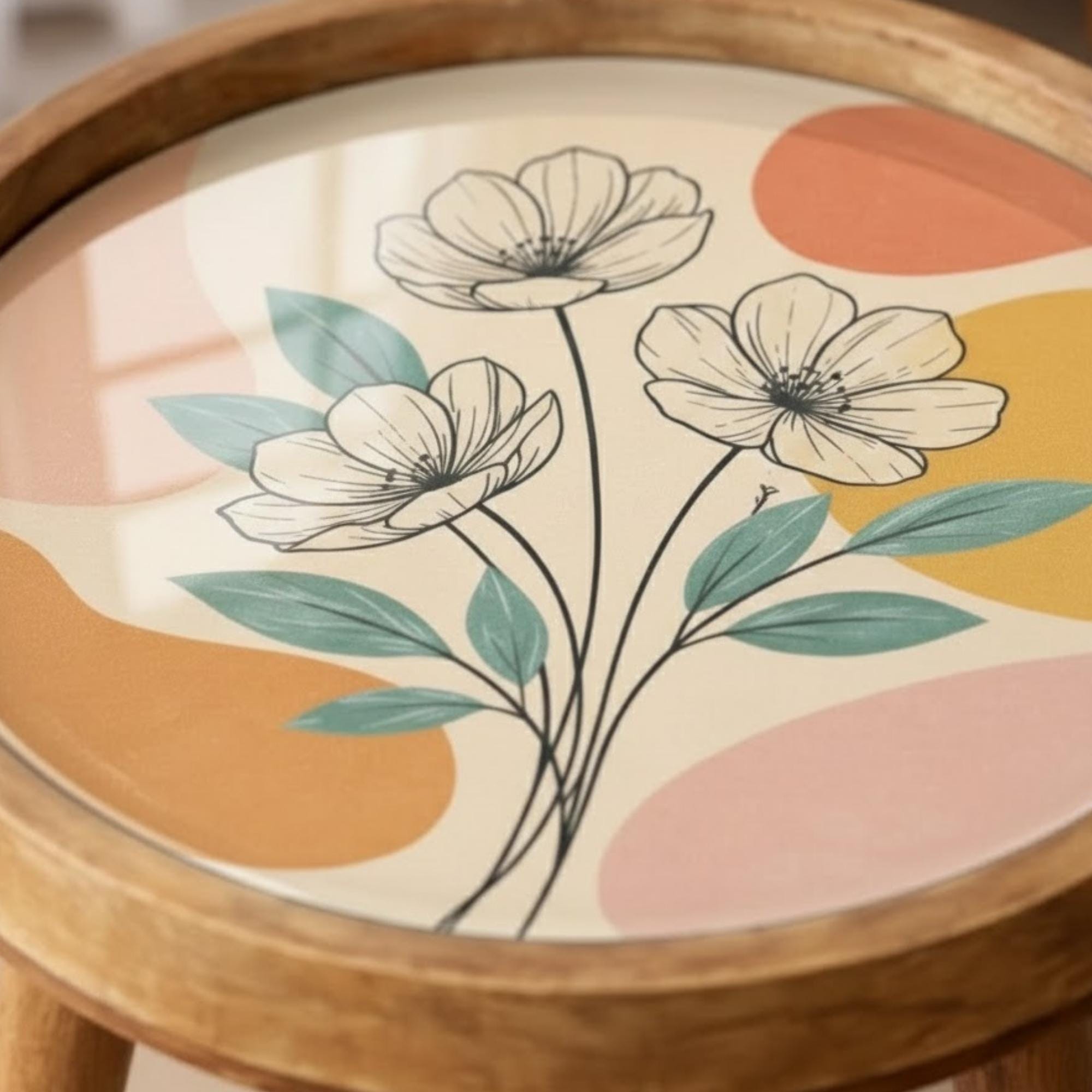 Handmade Mango Wood Side Table | Modern Floral Print Round Accent Table