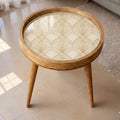 Handmade Mango Wood Side Table | Art Deco Geometric Print Round Accent Table