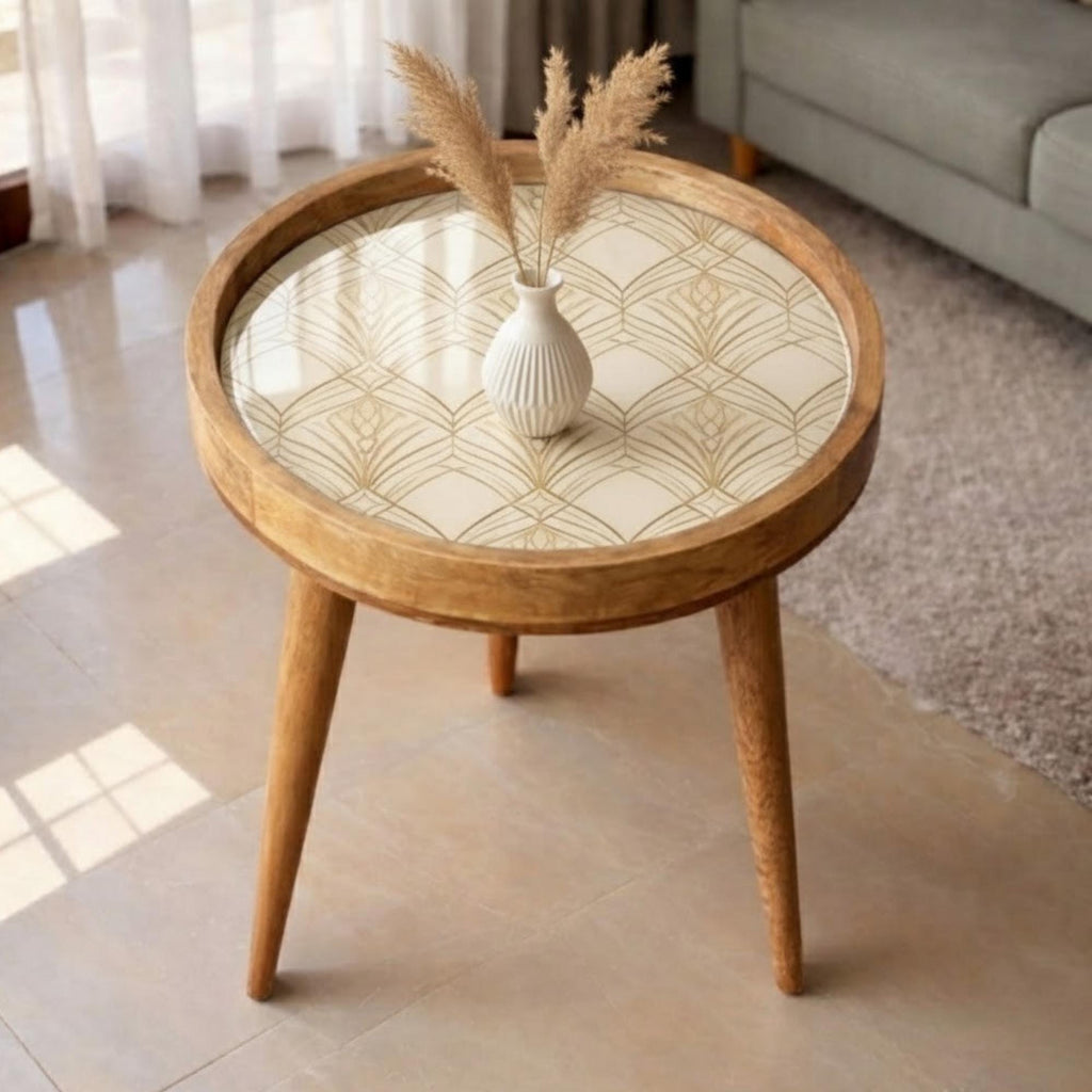 Handmade Mango Wood Side Table | Art Deco Geometric Print Round Accent Table