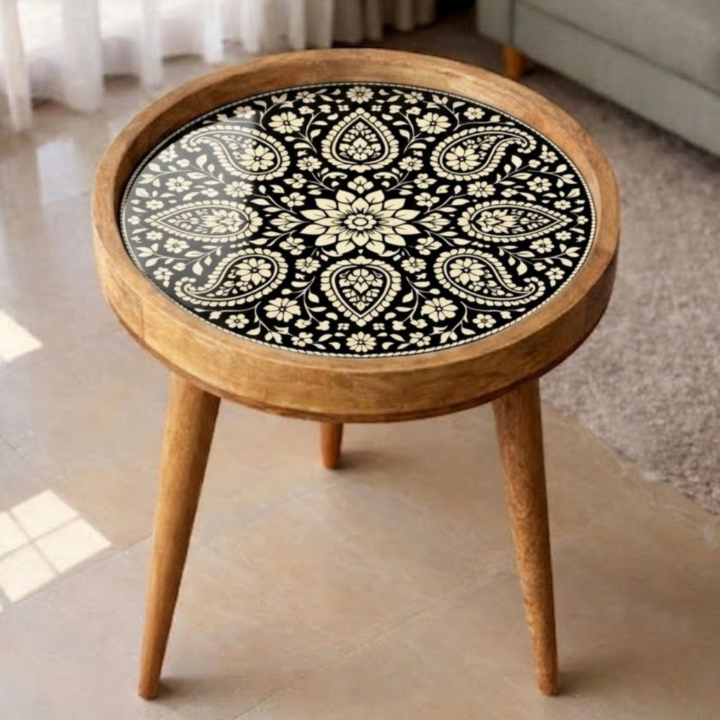 Handmade Mango Wood Side Table | Black Mandala Print Boho Accent Table