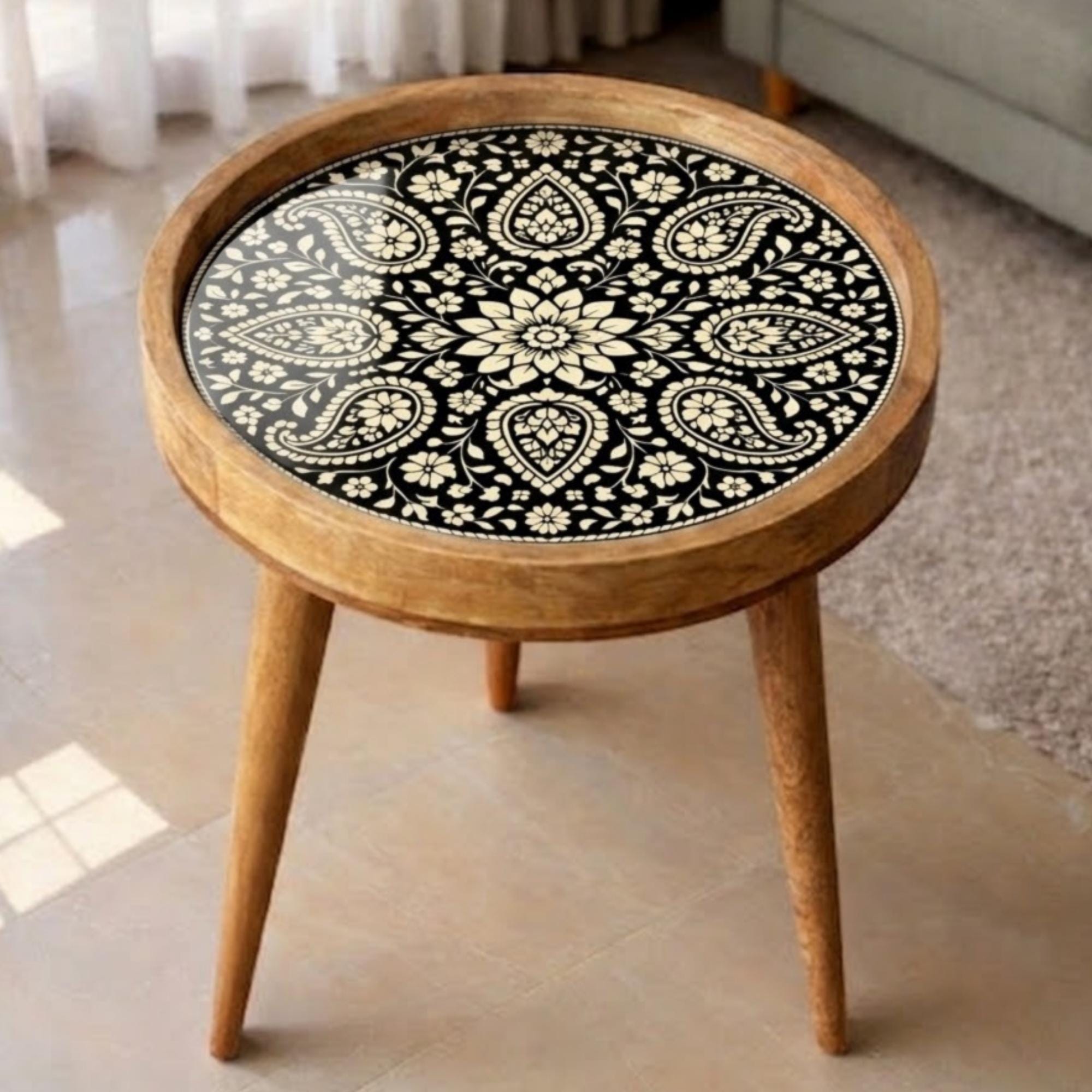 Handmade Mango Wood Side Table | Black Mandala Print Boho Accent Table