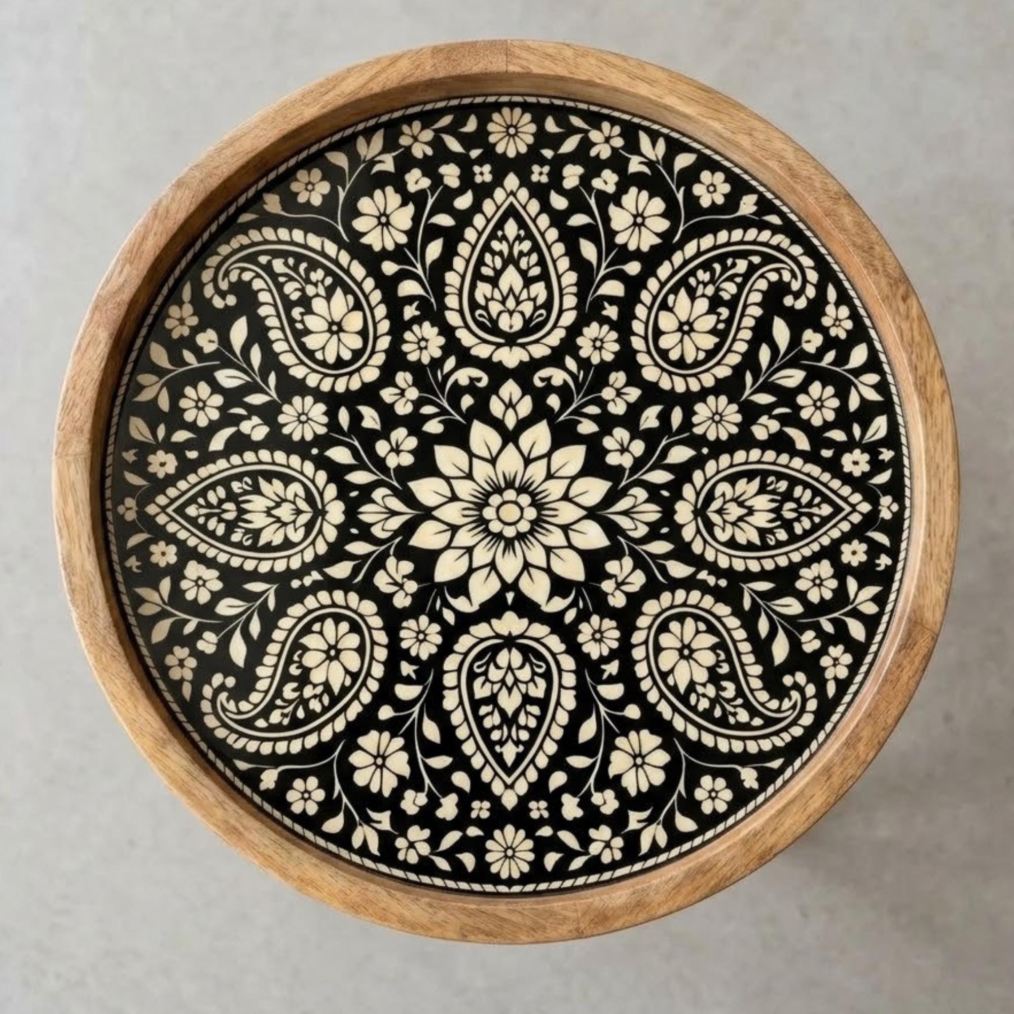 Handmade Mango Wood Side Table | Black Mandala Print Boho Accent Table