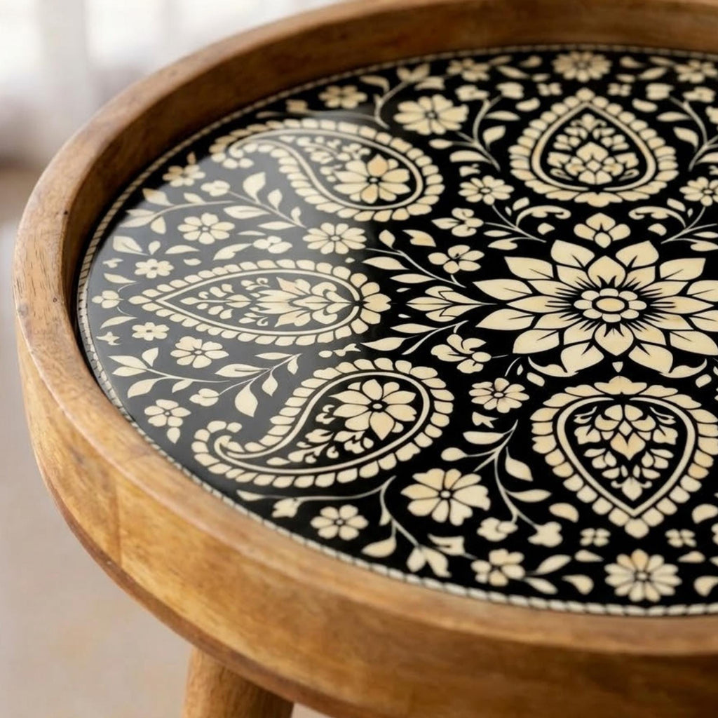 Handmade Mango Wood Side Table | Black Mandala Print Boho Accent Table