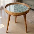 Printed Mango Wood Side Table | Boho Round Accent Table | Handmade Bedside Decor