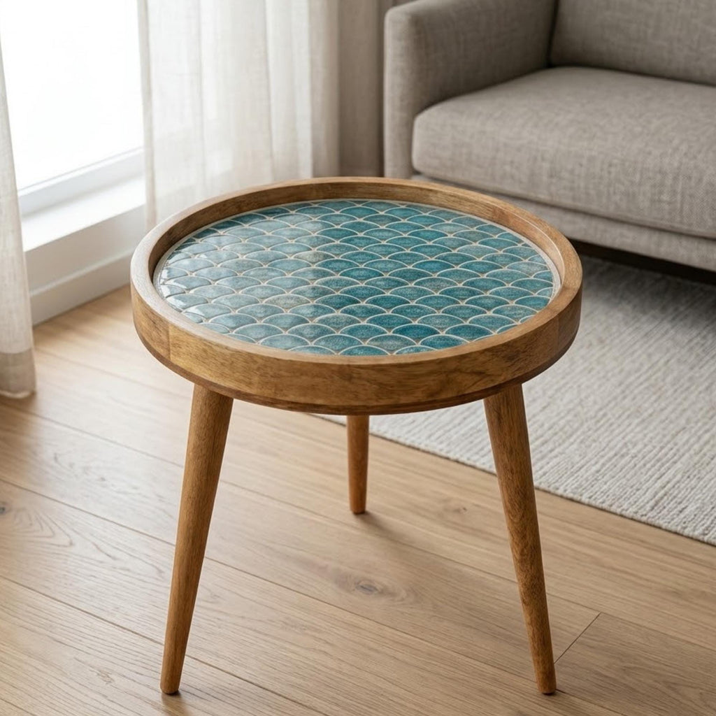 Printed Mango Wood Side Table | Boho Round Accent Table | Handmade Bedside Decor