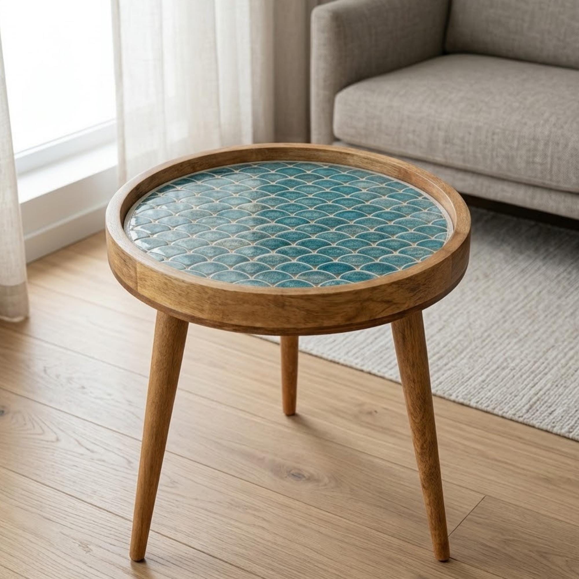 Printed Mango Wood Side Table | Boho Round Accent Table | Handmade Bedside Decor