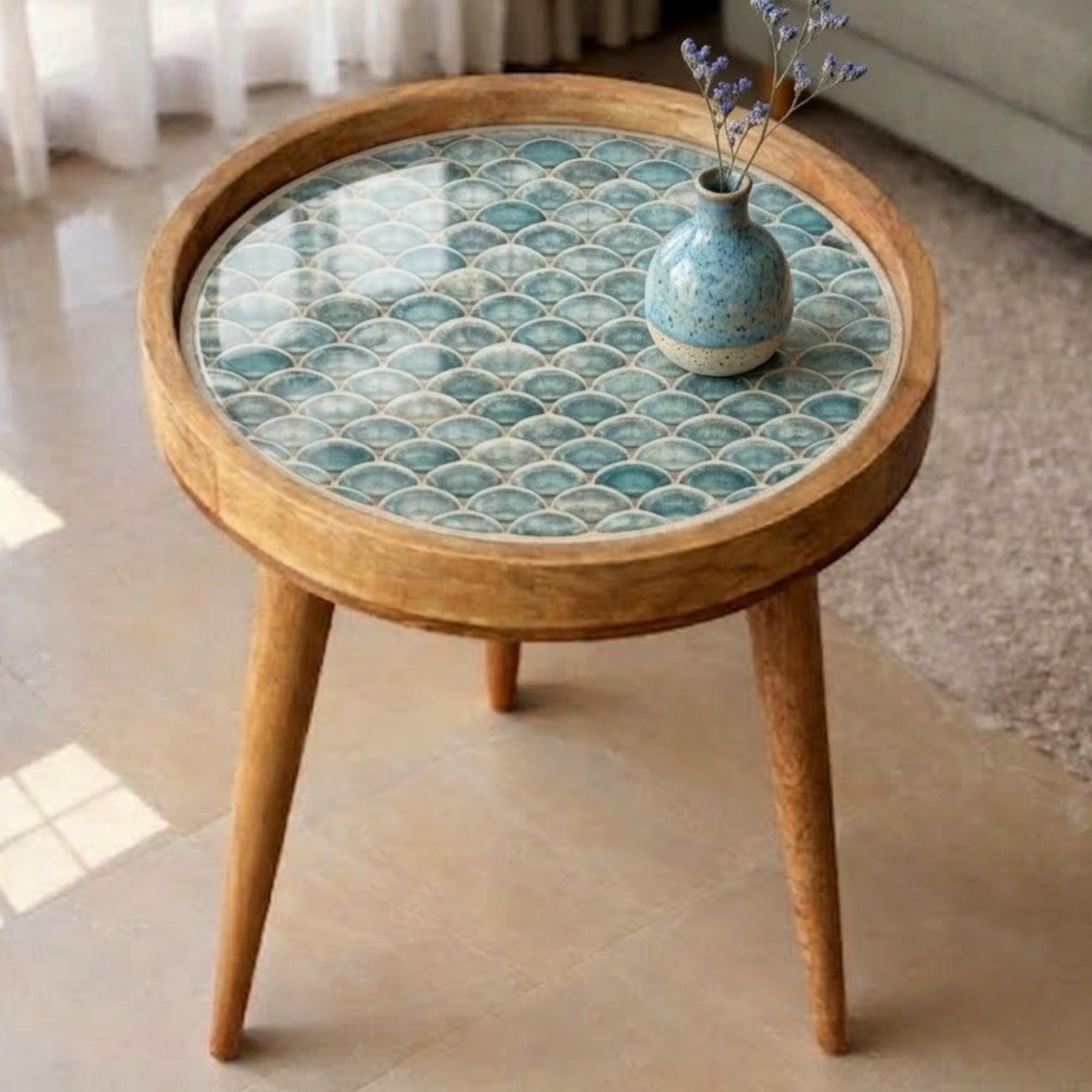 Printed Mango Wood Side Table | Boho Round Accent Table | Handmade Bedside Decor