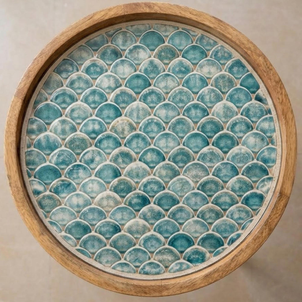 Printed Mango Wood Side Table | Boho Round Accent Table | Handmade Bedside Decor
