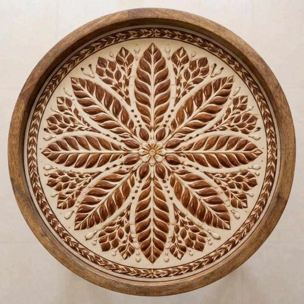 Handmade Mango Wood Side Table | Round Boho Accent Table, 18" Height
